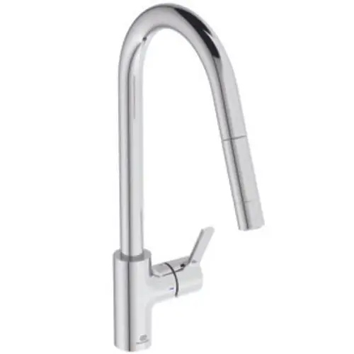 Küchenarmatur aus verchromtem Material mit einem schmalen, schwenkbaren Auslauf und einem seitlichen Hebel, hergestellt von Ideal Standard. Ideal für moderne Küchen.